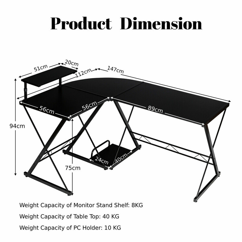 L-format hörnskrivbord i svart för hem och kontor