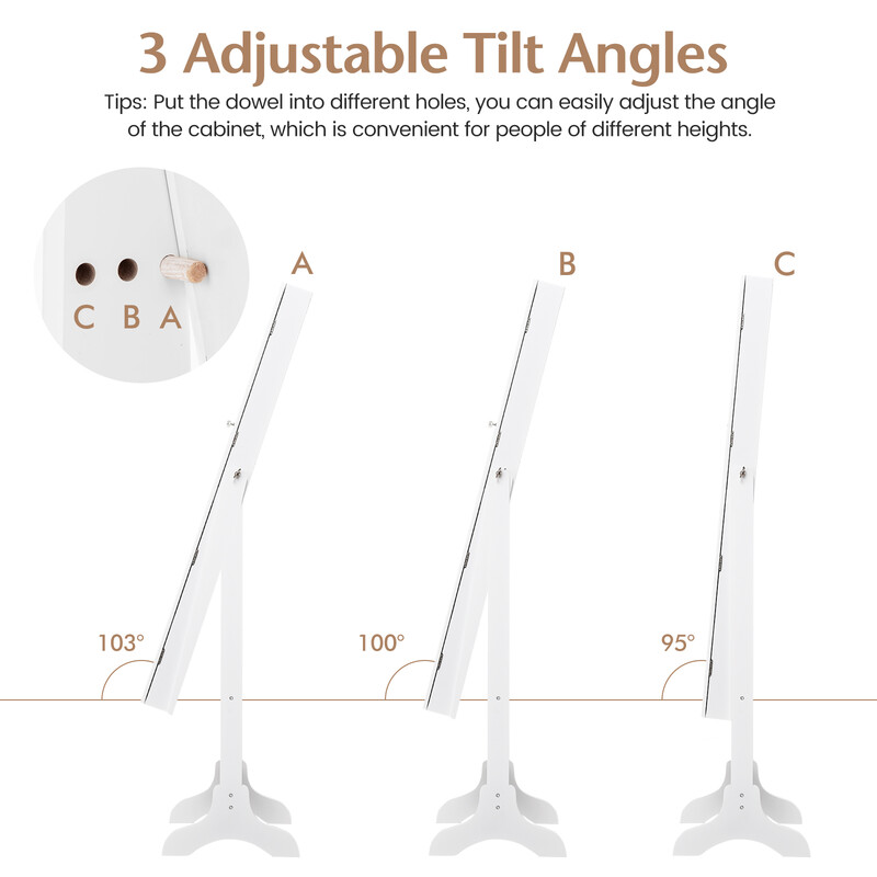 Smyckeskåp med helkroppsspegel och justerbar vinkel vit