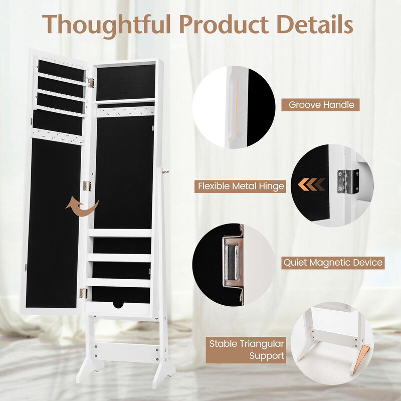 Smyckeskåp med helkroppsspegel och justerbar vinkel vit