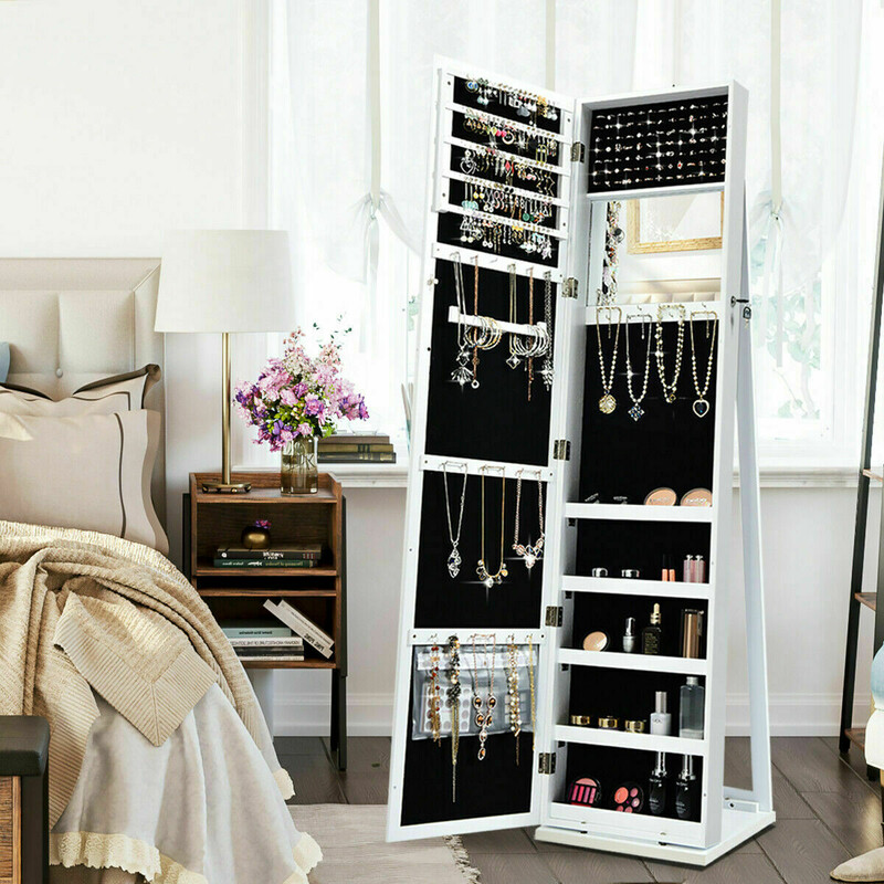 Vit smyckesskåp med spegel och låsbar förvaring