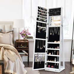 Vit smyckesskåp med spegel och låsbar förvaring