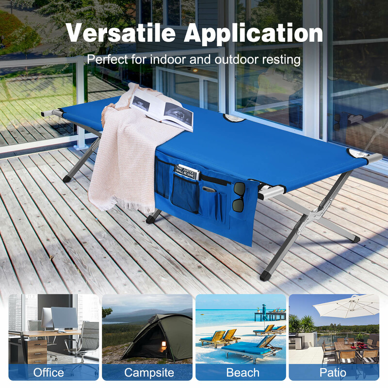 Hopfällbar campingsäng med hög bärkapacitet och sidoficka