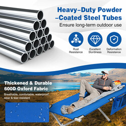 Hopfällbar campingsäng med hög bärkapacitet och sidoficka