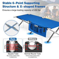 Hopfällbar campingsäng med hög bärkapacitet och sidoficka