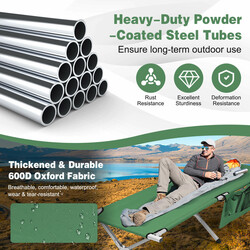 Hopfällbar grön campingsäng med sidoficka och bärväska