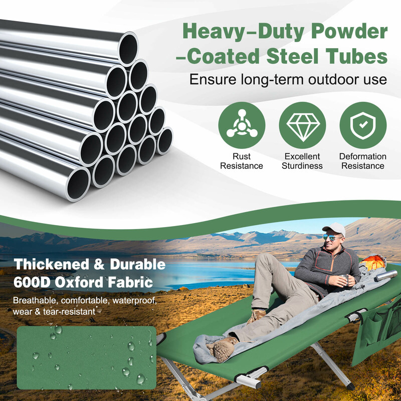 Hopfällbar grön campingsäng med sidoficka och bärväska