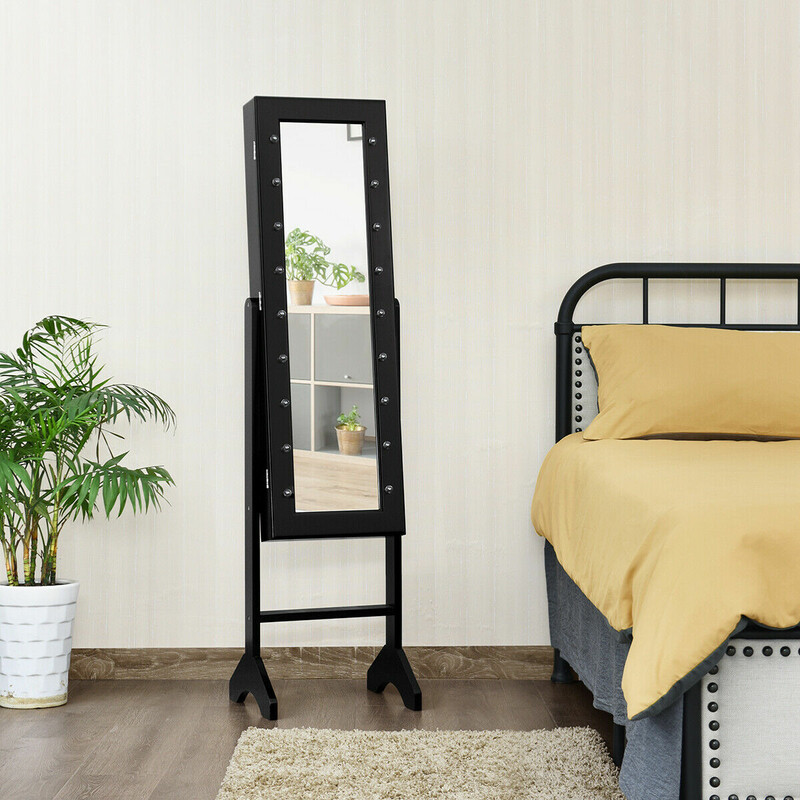Smyckeskåp med LED-belysning och helkroppsspegel svart