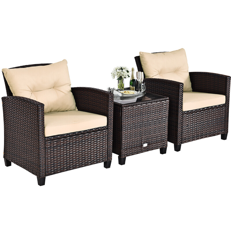 3-delat terrass-set i rotting med kuddar och bord