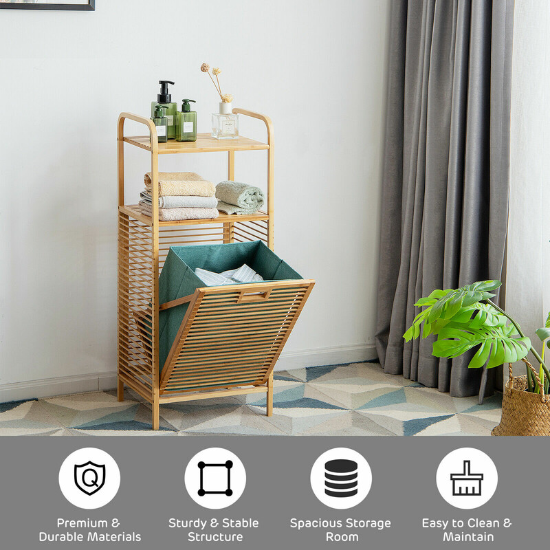 Lutningsbar tvättkorg i bambu med hyllor 40,5x33x95,5 cm