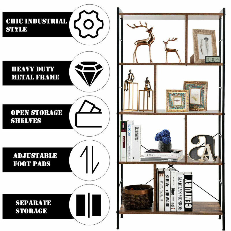 Bokhylla i fem nivåer med metallram och trä hyllplan