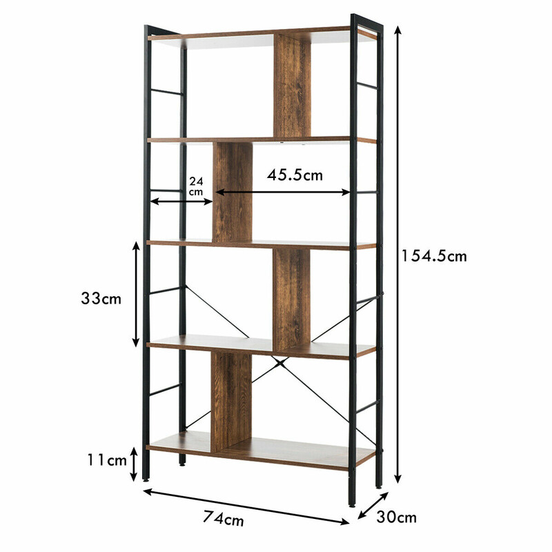 Bokhylla i fem nivåer med metallram och trä hyllplan