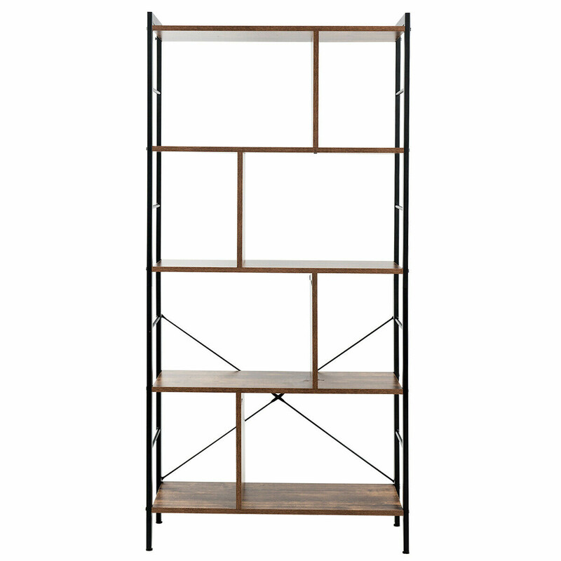 Bokhylla i fem nivåer med metallram och trä hyllplan
