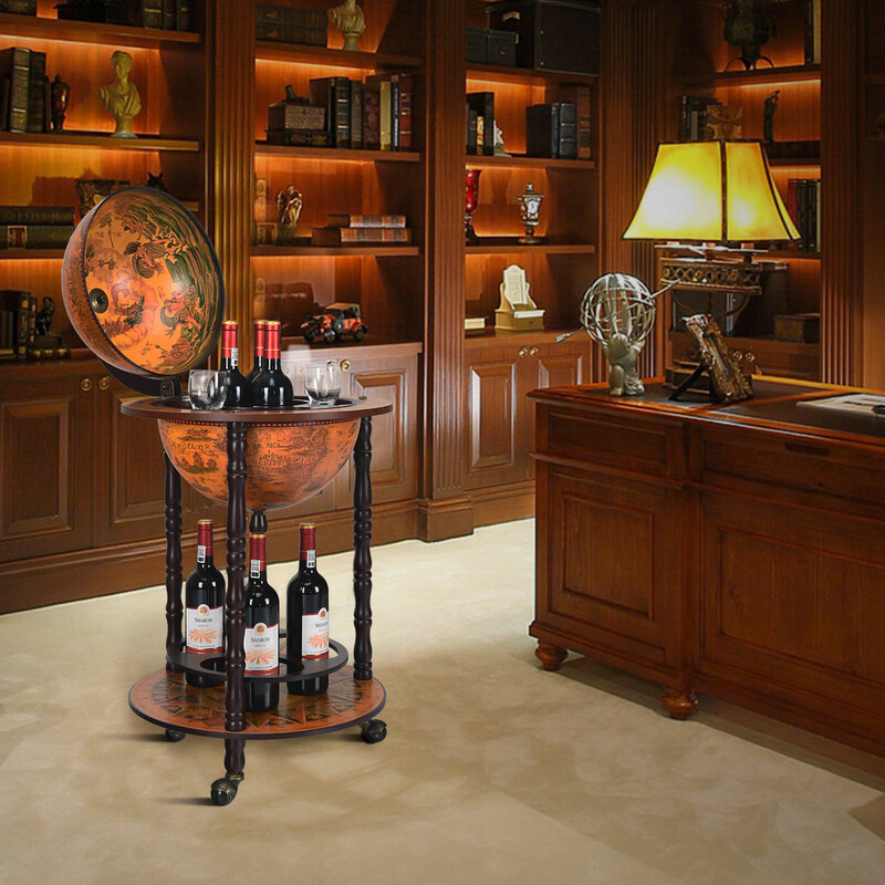 Rullande jordglob-vinskåp med förvaring och hjul brun