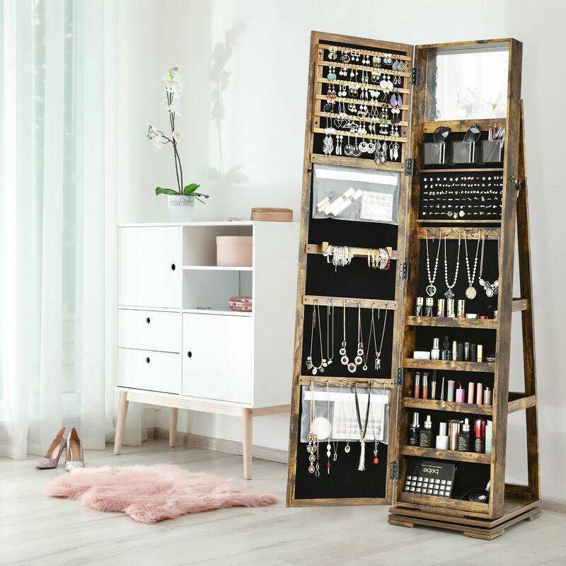 Smyckeskåp med spegel och förvaringshyllor brun 39x39x161 cm
