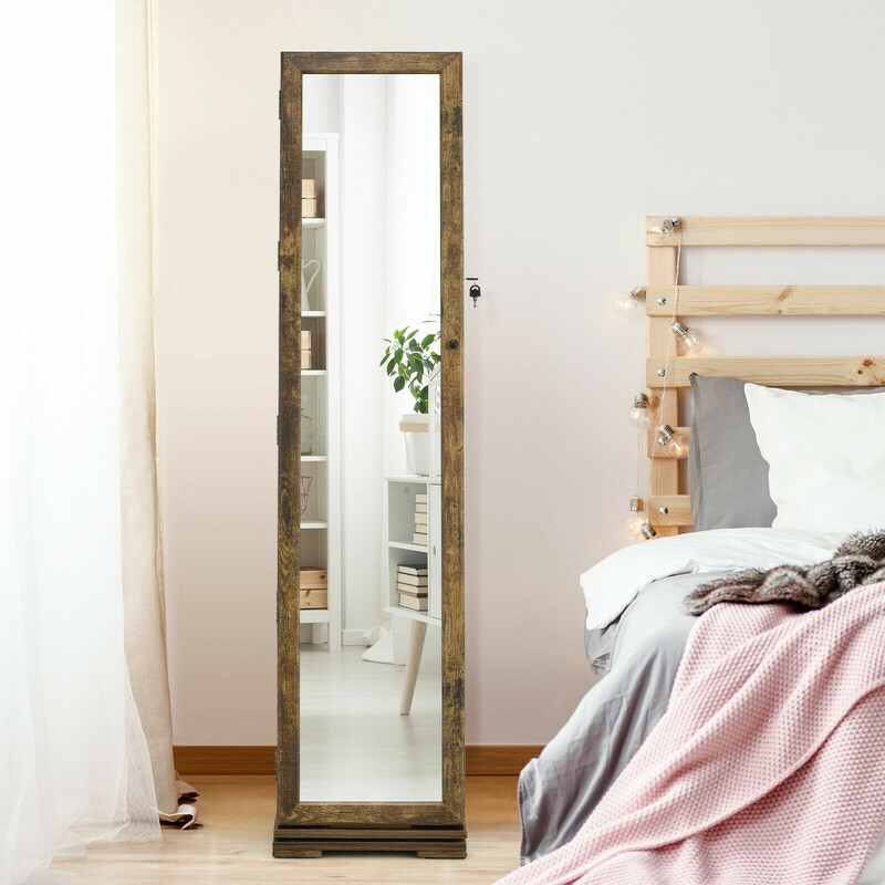 Smyckeskåp med spegel och förvaringshyllor brun 39x39x161 cm