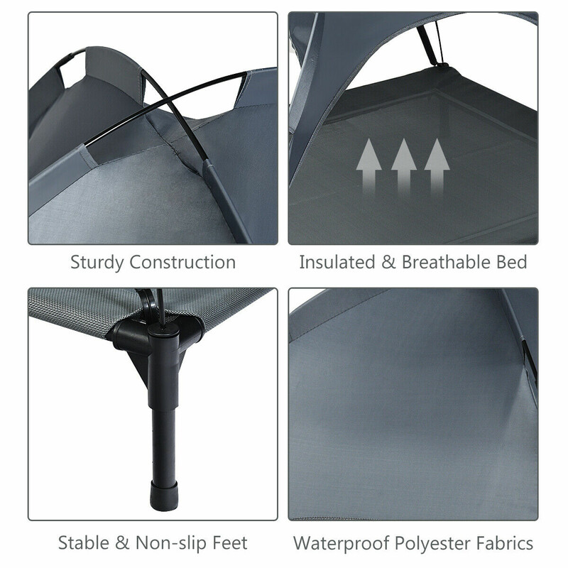 Hundbädd med tak för trädgård, grå, 105x87x89 cm