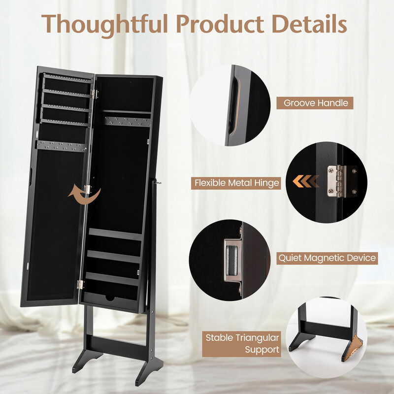 Smyckeskåp med helkroppsspegel och justerbar vinkel svart