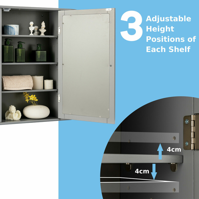 Grå spegelskåp för badrum med justerbara hyllor