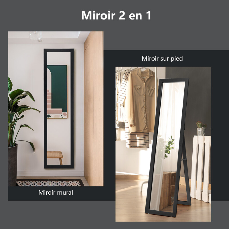 2 i 1 helkroppsspegel med svart träram 37x155 cm