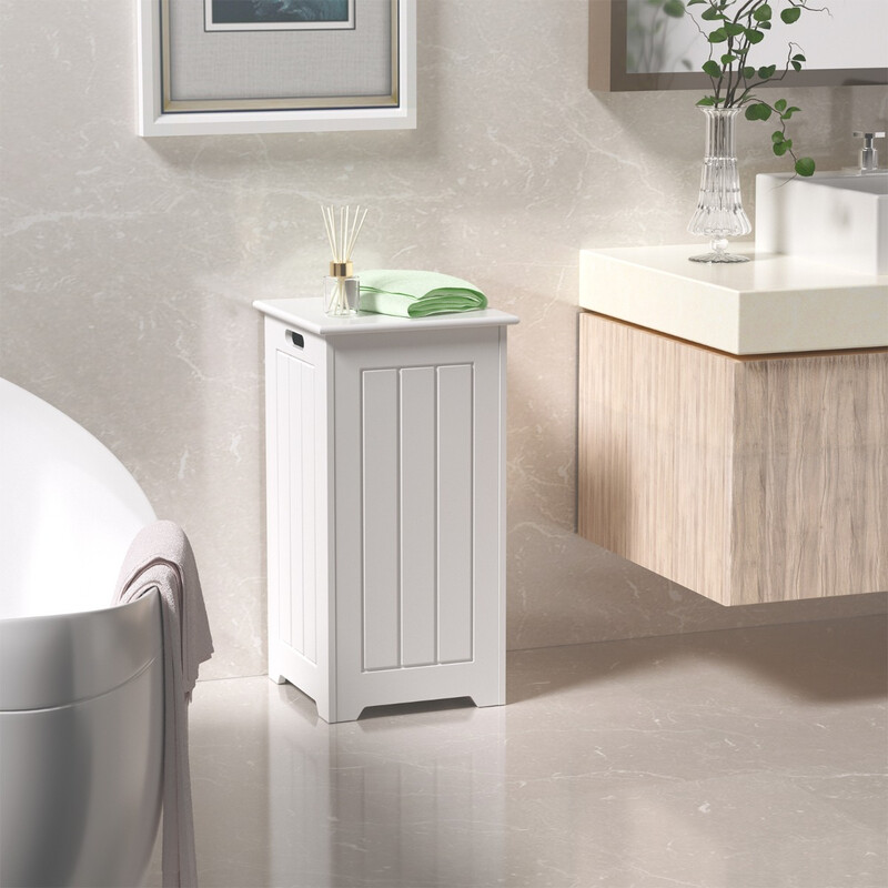 Fristående tvättskåp i trä med lock för badrum