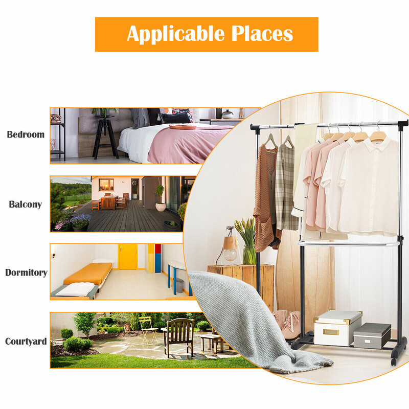 Justerbar klädställning med hjul och två hyllor svart