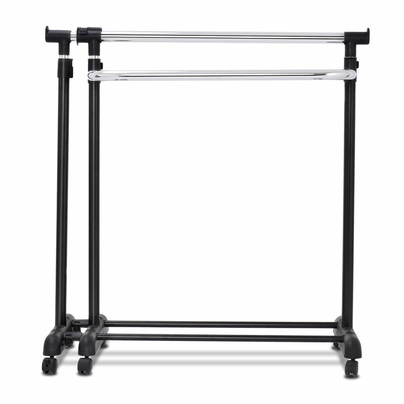 Justerbar klädställning med hjul och två hyllor svart