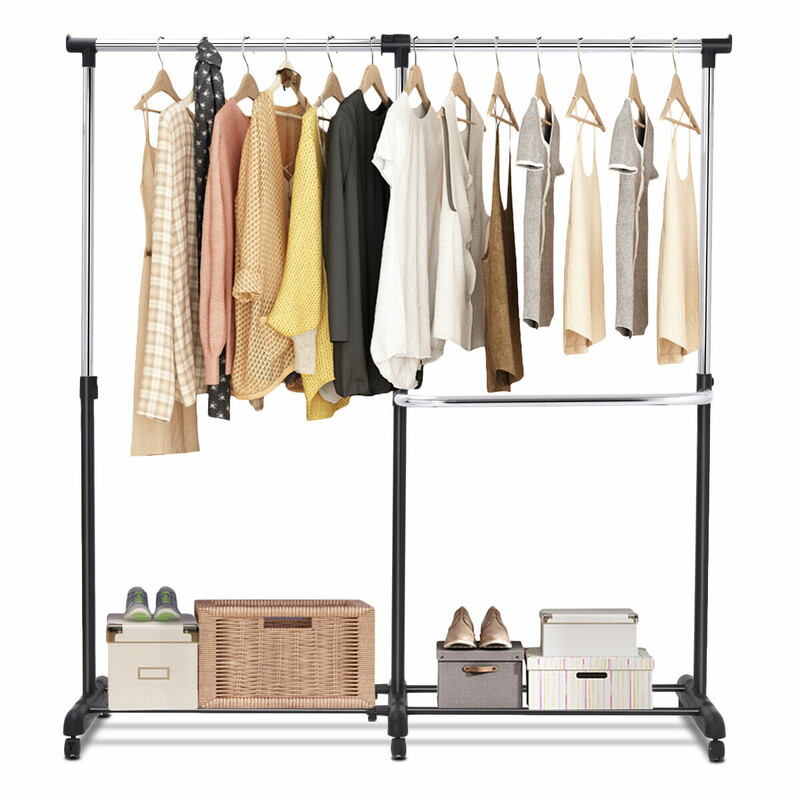 Justerbar klädställning med hjul och två hyllor svart