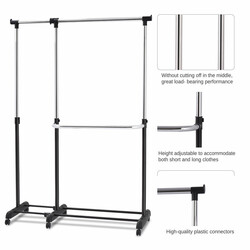 Justerbar klädställning med hjul och två hyllor svart