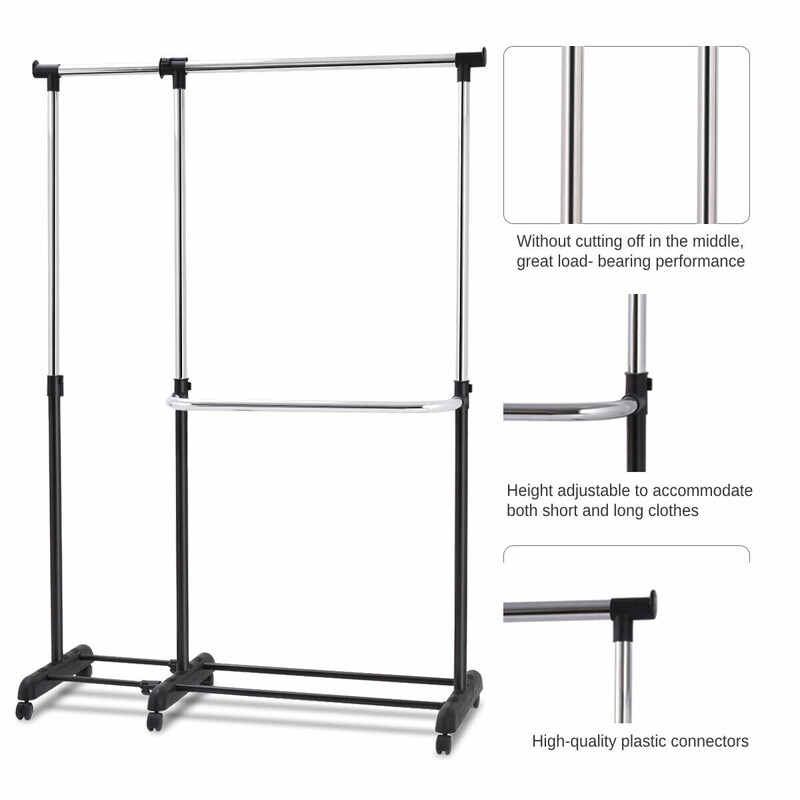 Justerbar klädställning med hjul och två hyllor svart