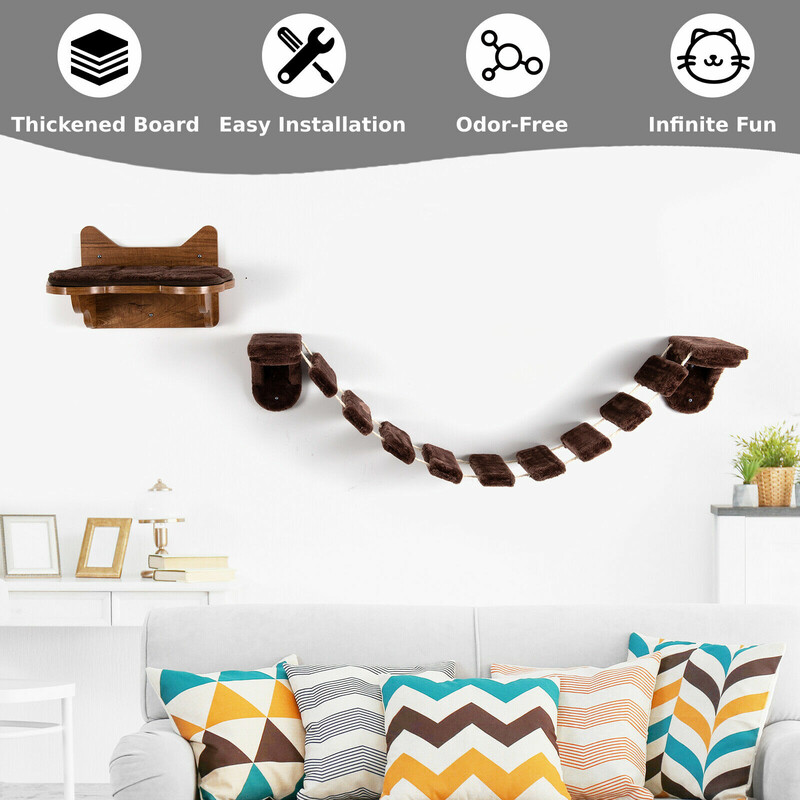 Väggmonterad klätterställning för katter med träbädd och bro brun