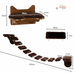 Väggmonterad klätterställning för katter med träbädd och bro brun