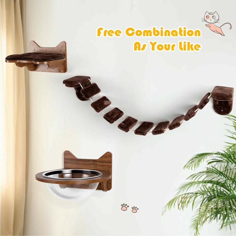 Väggmonterad klätterställning för katter med träbädd och bro brun