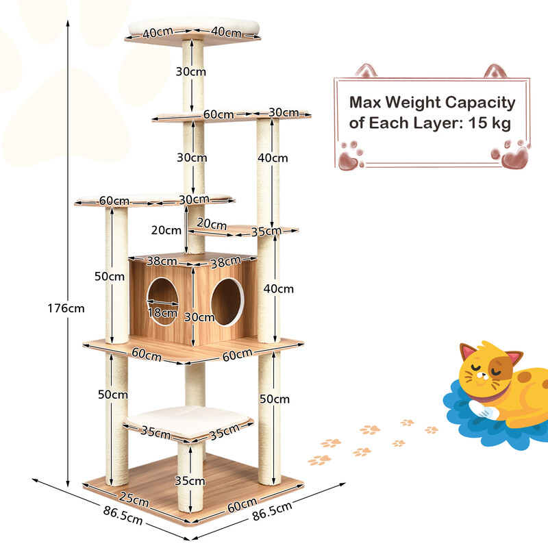 Kattklätterträd 175 cm med klöspelare och krypin