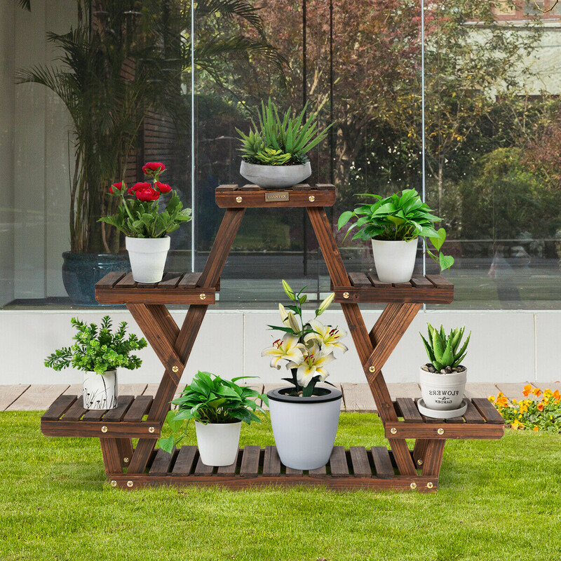 Triangulärt växtställ i trä för 6 krukor brun