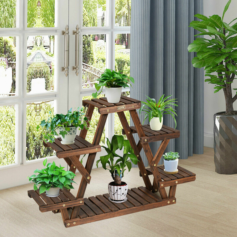 Triangulärt växtställ i trä för 6 krukor brun