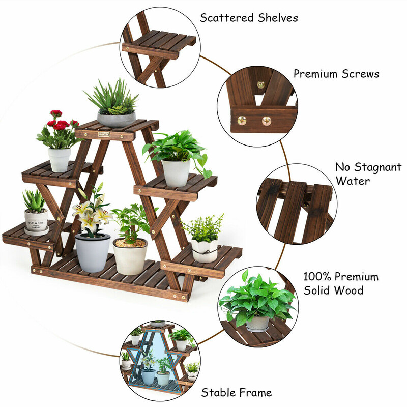 Triangulärt växtställ i trä för 6 krukor brun