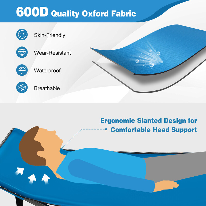 Strapazierfähig blå campingsäng med huvudstöd 190x70x54 cm