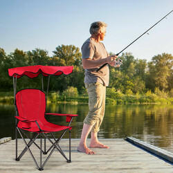 Fällbar fiskestol med dryckeshållare och solskydd röd