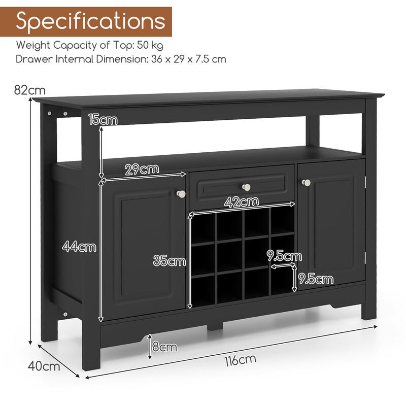 Modernt svart buffetskåp med vinställ och förvaring
