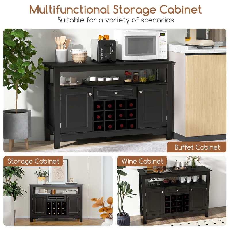 Modernt svart buffetskåp med vinställ och förvaring