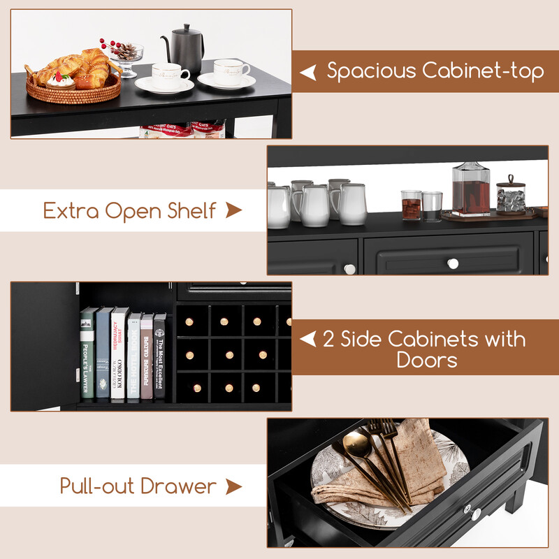 Modernt svart buffetskåp med vinställ och förvaring