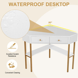 Platsbesparande hörnskrivbord med lådor och hyllor för små rum