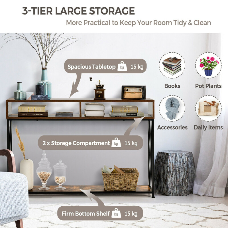 Vit konsolbord med stålram och öppna hyllor