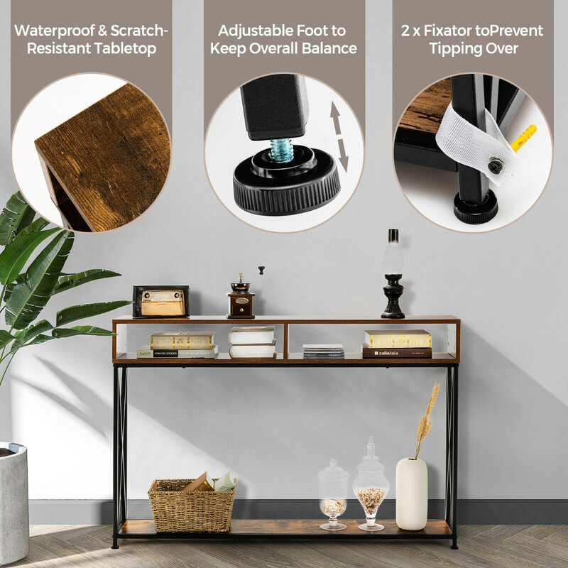 Vit konsolbord med stålram och öppna hyllor