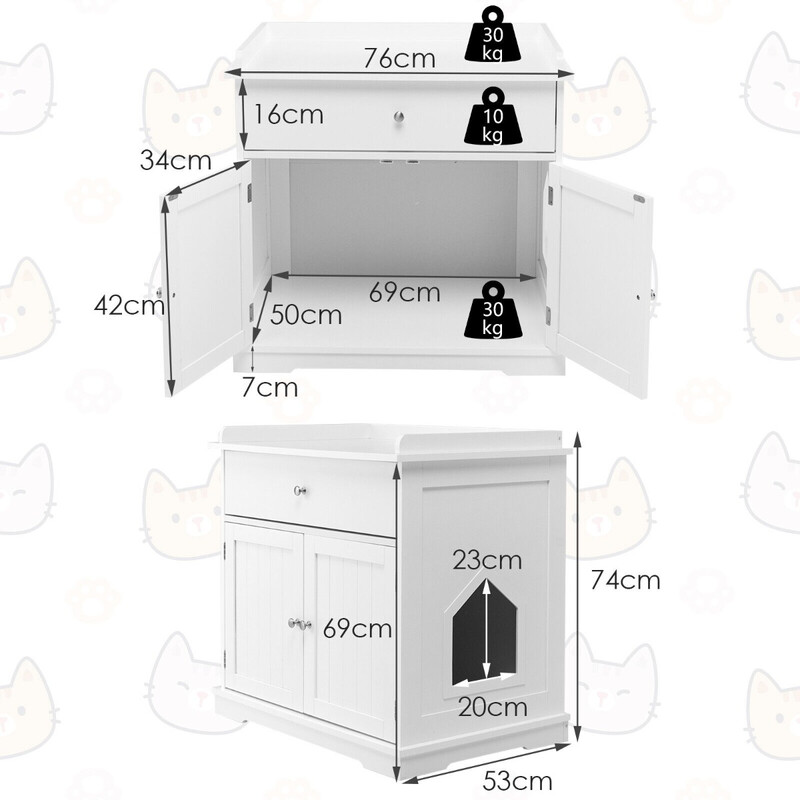 Modern vit kattlådeskåp med låda och två dörrar