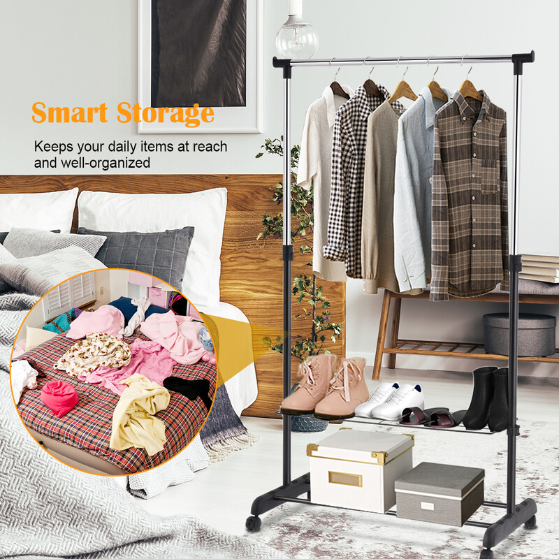 Justerbar klädställning med hjul och skohyllor svart
