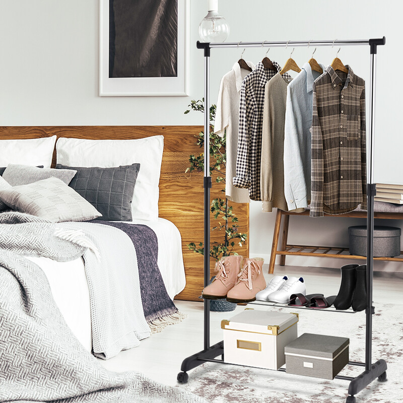 Justerbar klädställning med hjul och skohyllor svart