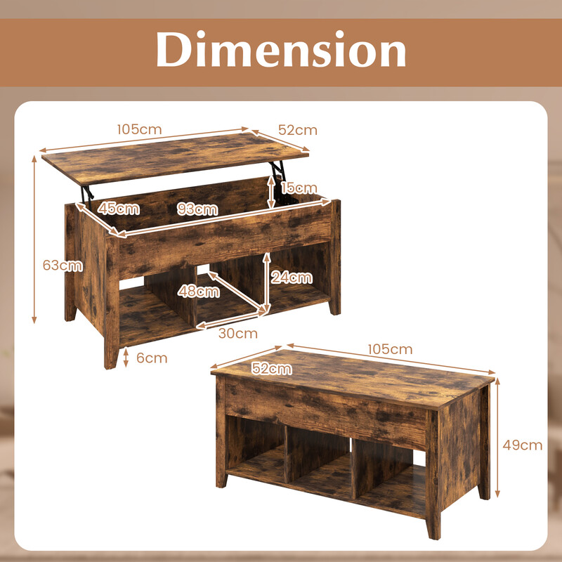 Modernt multifunktionellt soffbord med lyftbar skiva brun