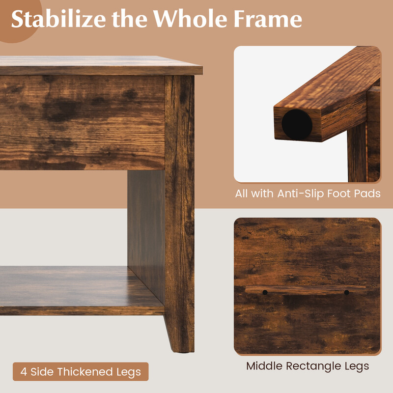 Modernt multifunktionellt soffbord med lyftbar skiva brun
