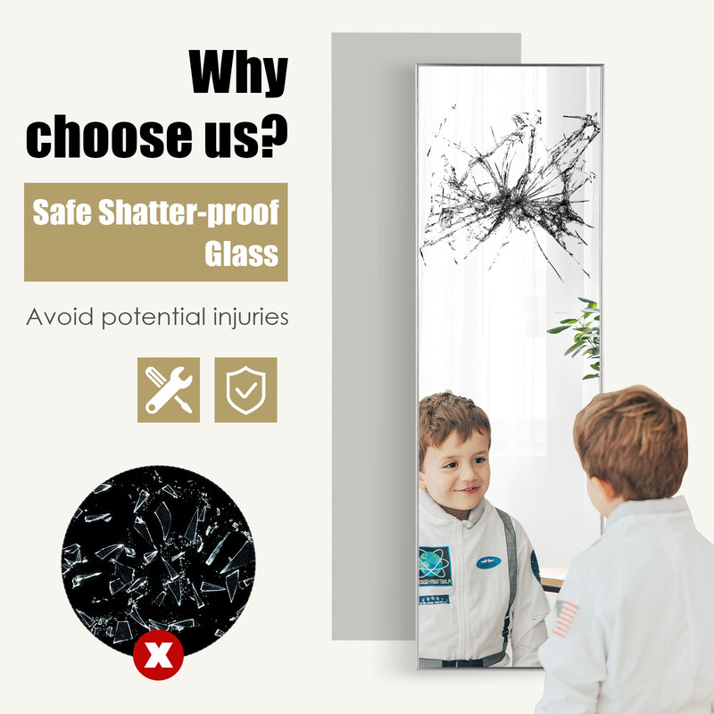 Helskroppsspegel med justerbara krokar och silverram 37x120 cm